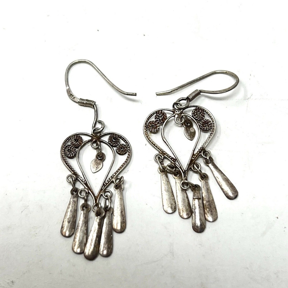 Hearts Of Lace - Victorian Sterling Silver Filigree Heart Earrings‎ Vintage